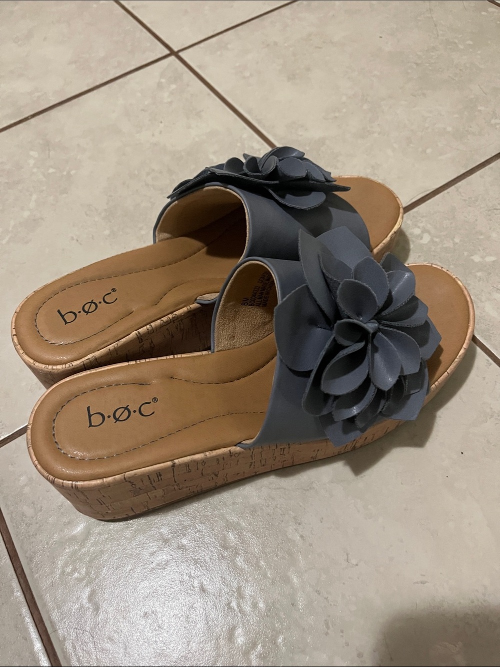 b.o.c. Gray Floral Slide Wedge Sandals
